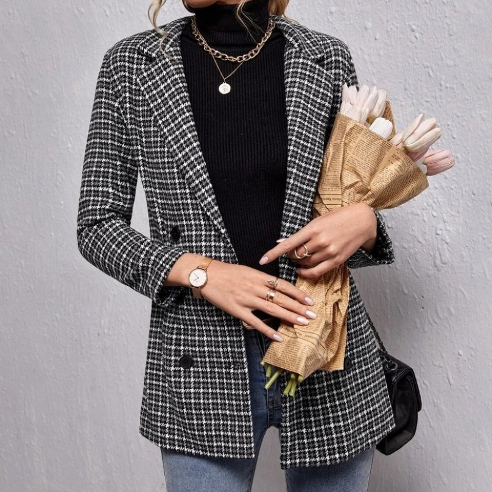 double breasted houndstooth & plaid print blazer chic - Picture 2 of 5